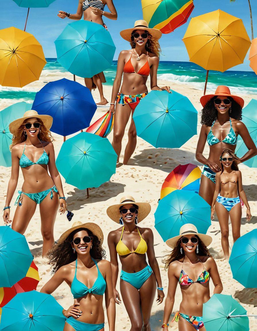 A vibrant beach scene featuring a diverse group of people wearing stylish beachwear, laughing and enjoying themselves under a sunny sky. Incorporate colorful beach umbrellas, clear turquoise water, and a sandy shore. Highlight accessories like sunglasses and hats that exude joy and confidence. Include playful elements like beachballs and surfboards in the background. tropical vibe, vibrant colors, super-realistic.
